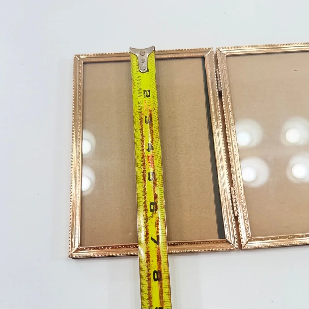 Vintage MCM Bi-Fold Etched Gold Tone Metal‎ Photo Picture Frame Double Hinged